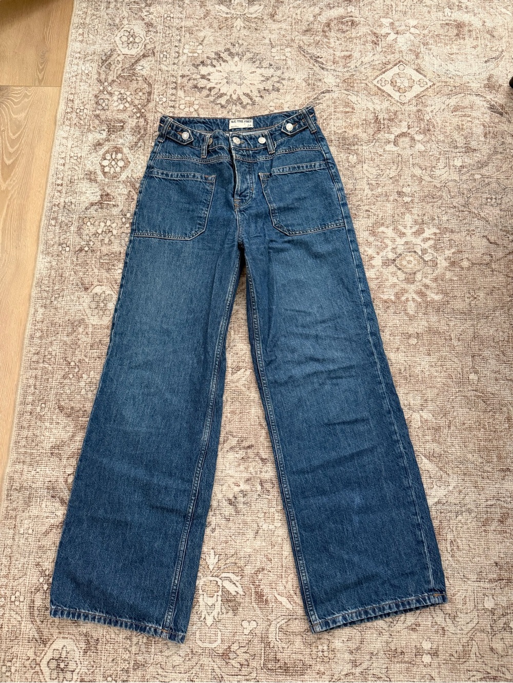 Free People Dark Blue Wide-Leg Patch Pocket Jeans